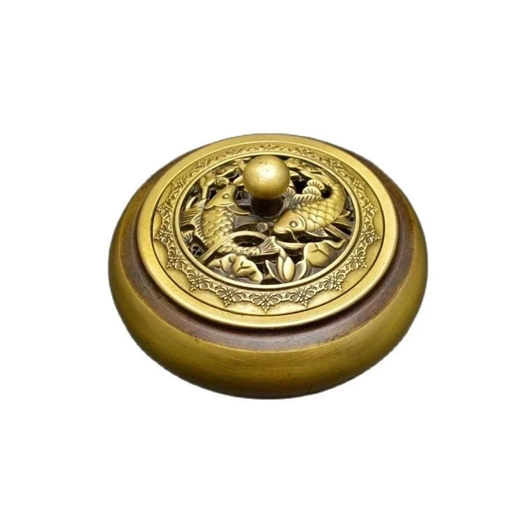 China Temple Buddhism Seal carve double fish lotus xuande furnace Bronze brass incense burner Censer decoration metal handicraft
