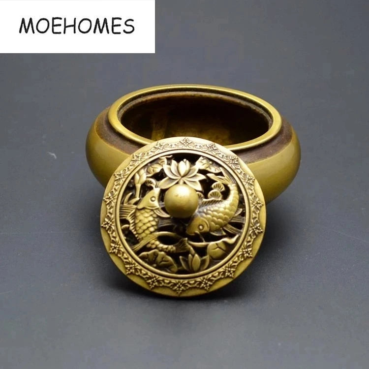 China Temple Buddhism Seal carve double fish lotus xuande furnace Bronze brass incense burner Censer decoration metal handicraft