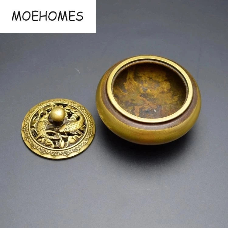 China Temple Buddhism Seal carve double fish lotus xuande furnace Bronze brass incense burner Censer decoration metal handicraft