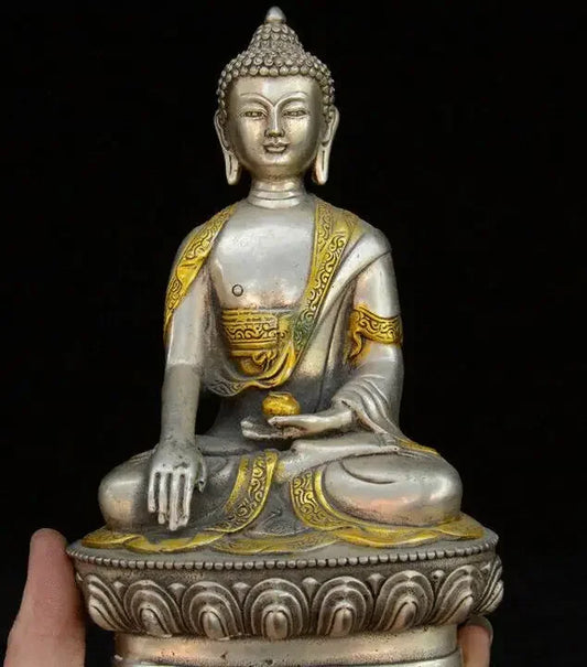 China Tibet Buddhism Bronze Silver Sakyamuni Shakyamuni Amitabha Buddha Statue