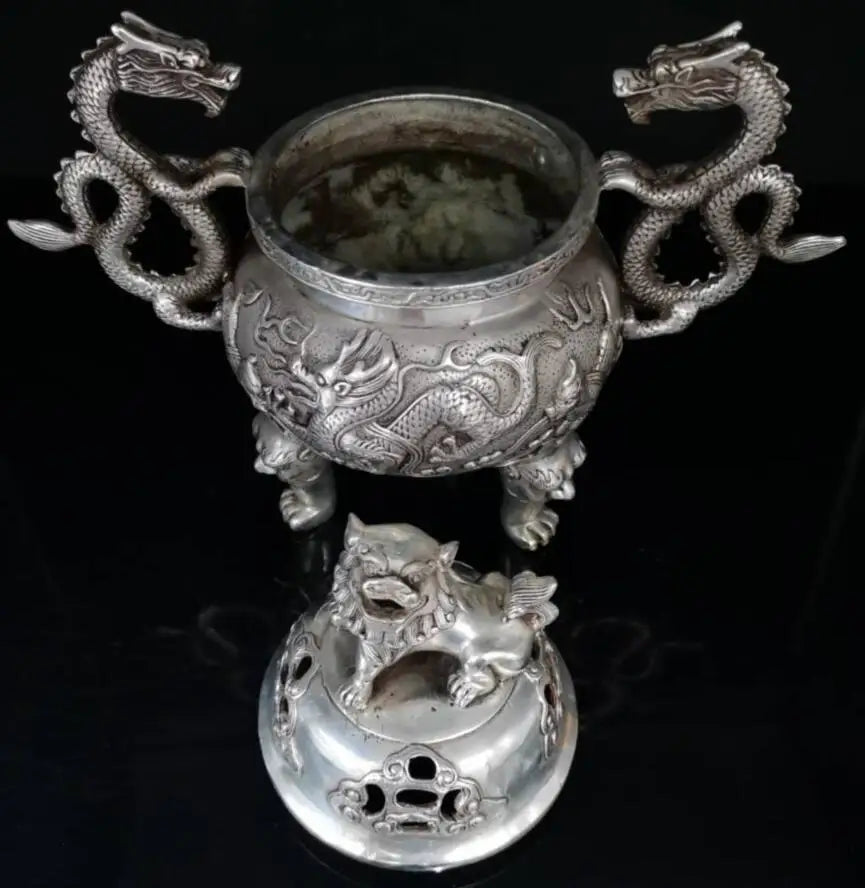 China White copper Double Dragon lion lid incense burner crafts statue