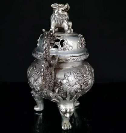China White copper Double Dragon lion lid incense burner crafts statue