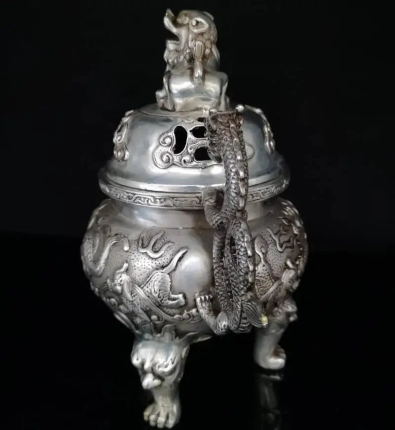 China White copper Double Dragon lion lid incense burner crafts statue