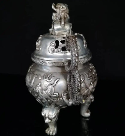 China White copper Double Dragon lion lid incense burner crafts statue