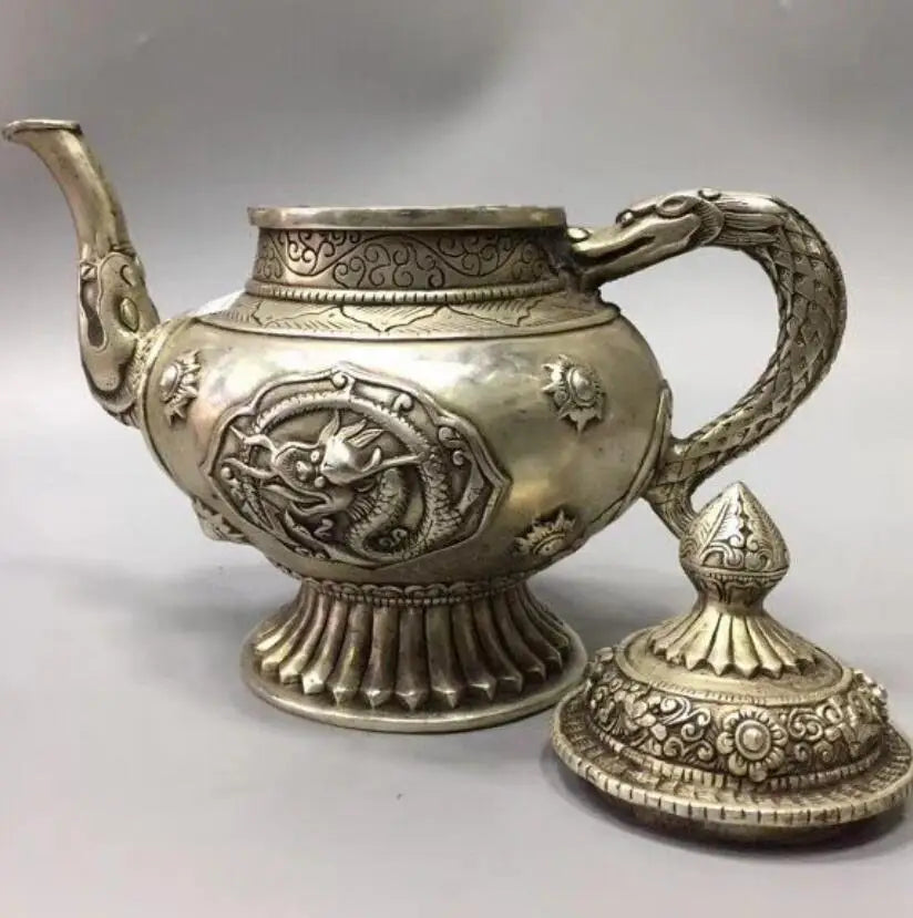 China White copper Dragon Motif Flagon teapot crafts statue