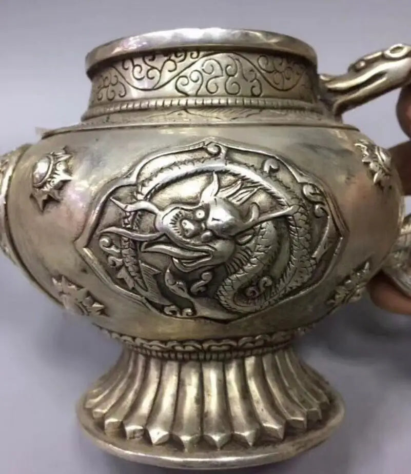 China White copper Dragon Motif Flagon teapot crafts statue