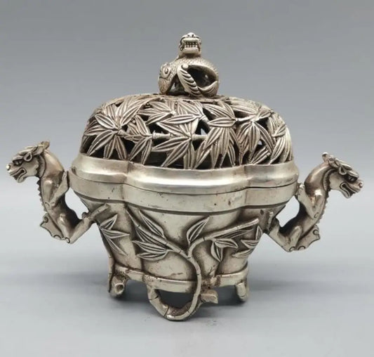 China White copper Hollow out bamboo Incense burner crafts statue