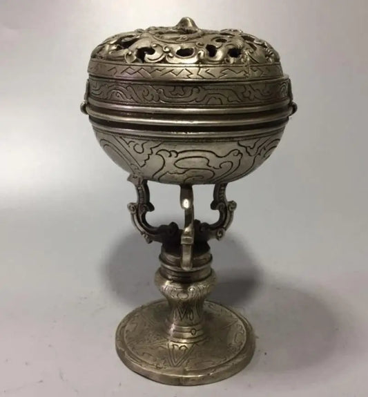 China White copper Hollow out beast lid incense furnace crafts statue