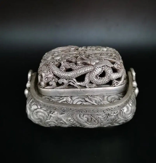 China White copper Hollow out dragon Incense burner crafts statue