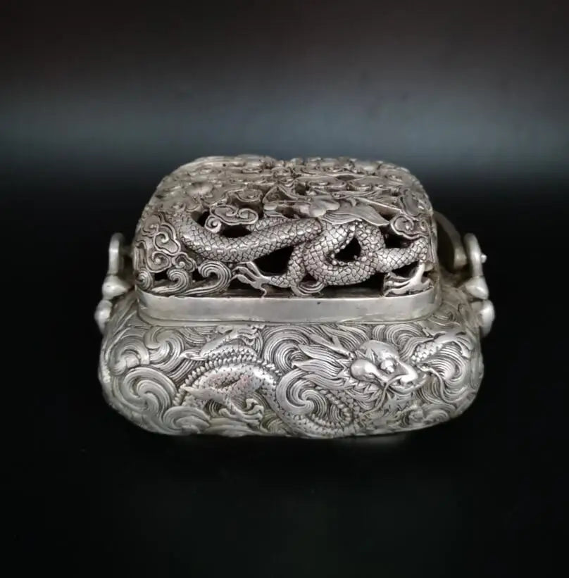 China White copper Hollow out dragon Incense burner crafts statue