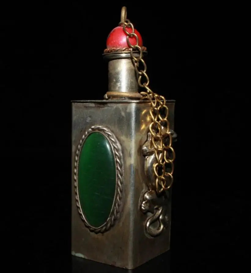 China White copper Inlay green gem Snuff bottles