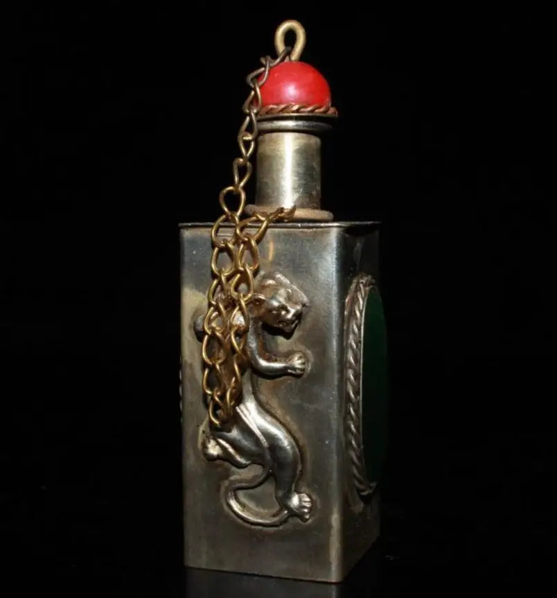 China White copper Inlay green gem Snuff bottles