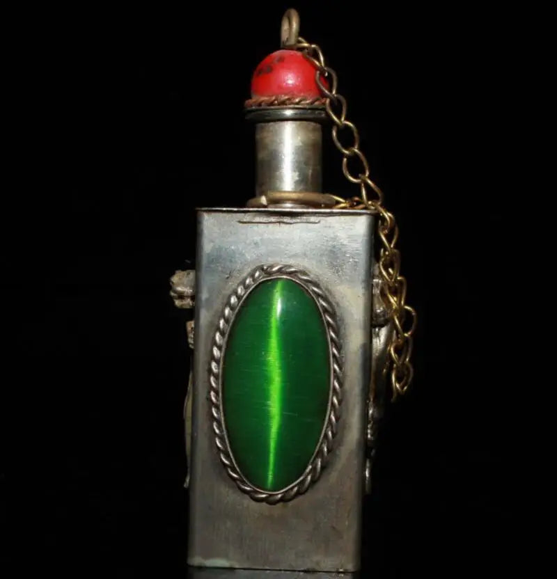 China White copper Inlay green gem Snuff bottles