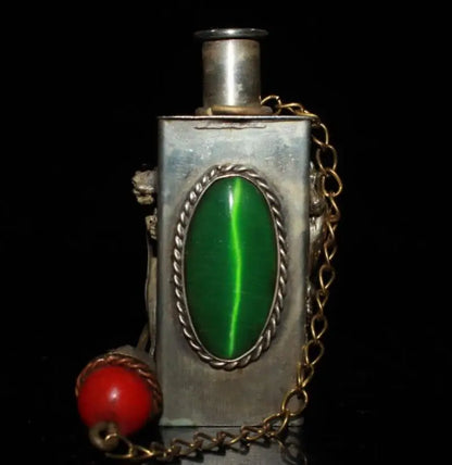 China White copper Inlay green gem Snuff bottles