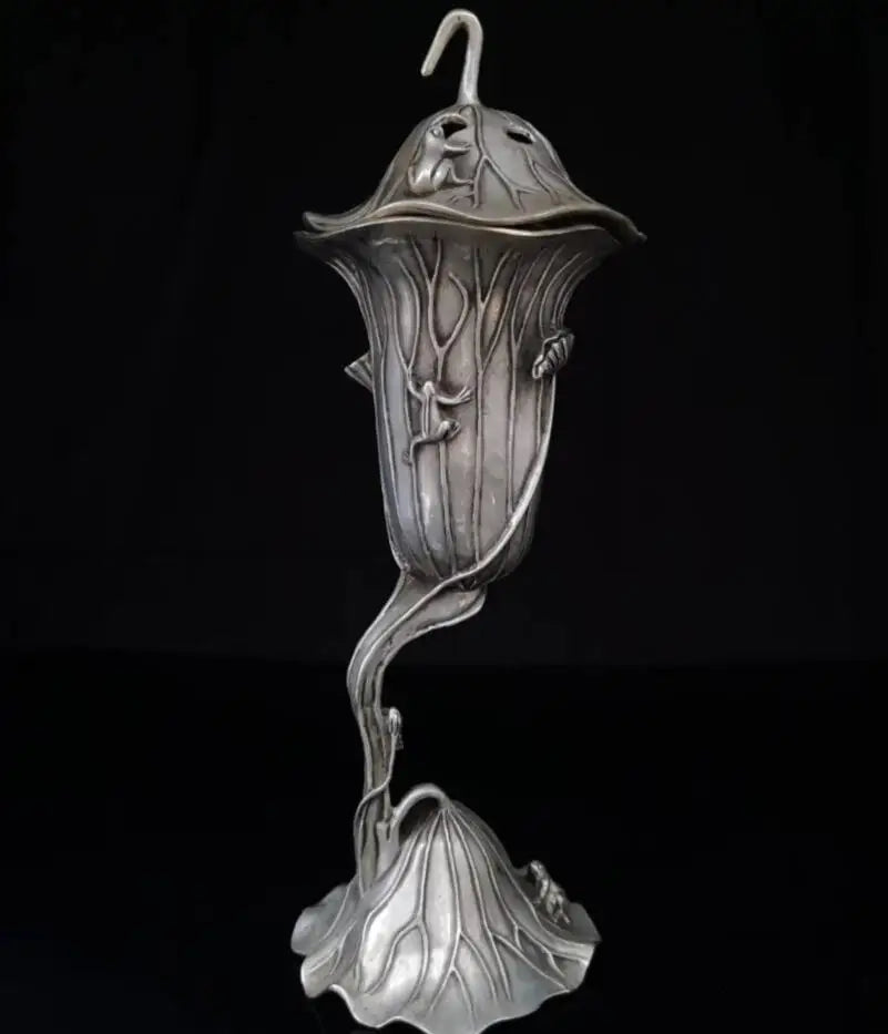China White copper Lotus leaf frog Incense burner crafts statue
