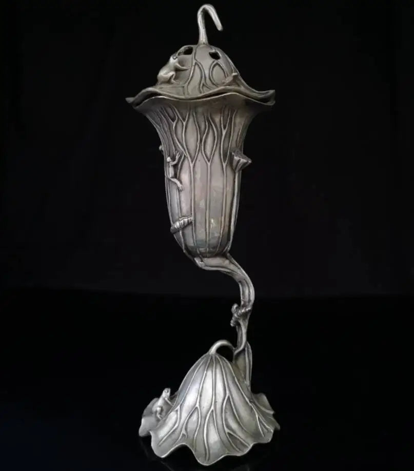 China White copper Lotus leaf frog Incense burner crafts statue