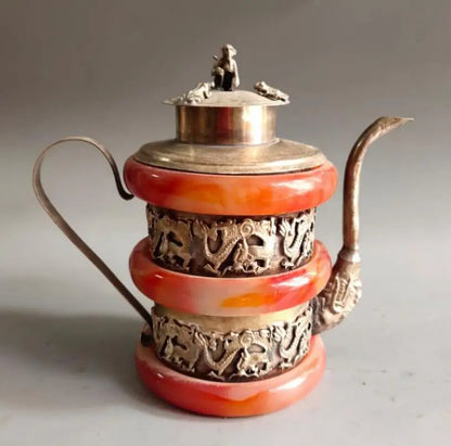 China White copper Mosaic red agate bracelet teapot crafts statue
