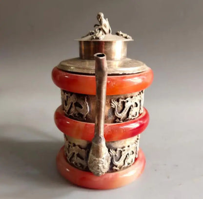 China White copper Mosaic red agate bracelet teapot crafts statue