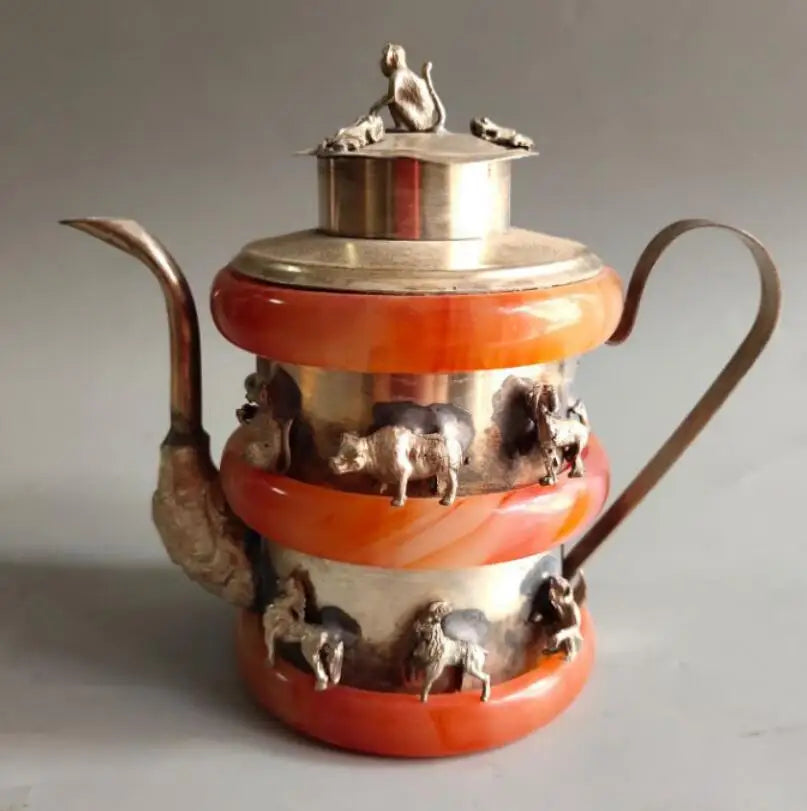 China White copper Mosaic red agate bracelet teapot crafts statue