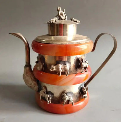 China White copper Mosaic red agate bracelet teapot crafts statue