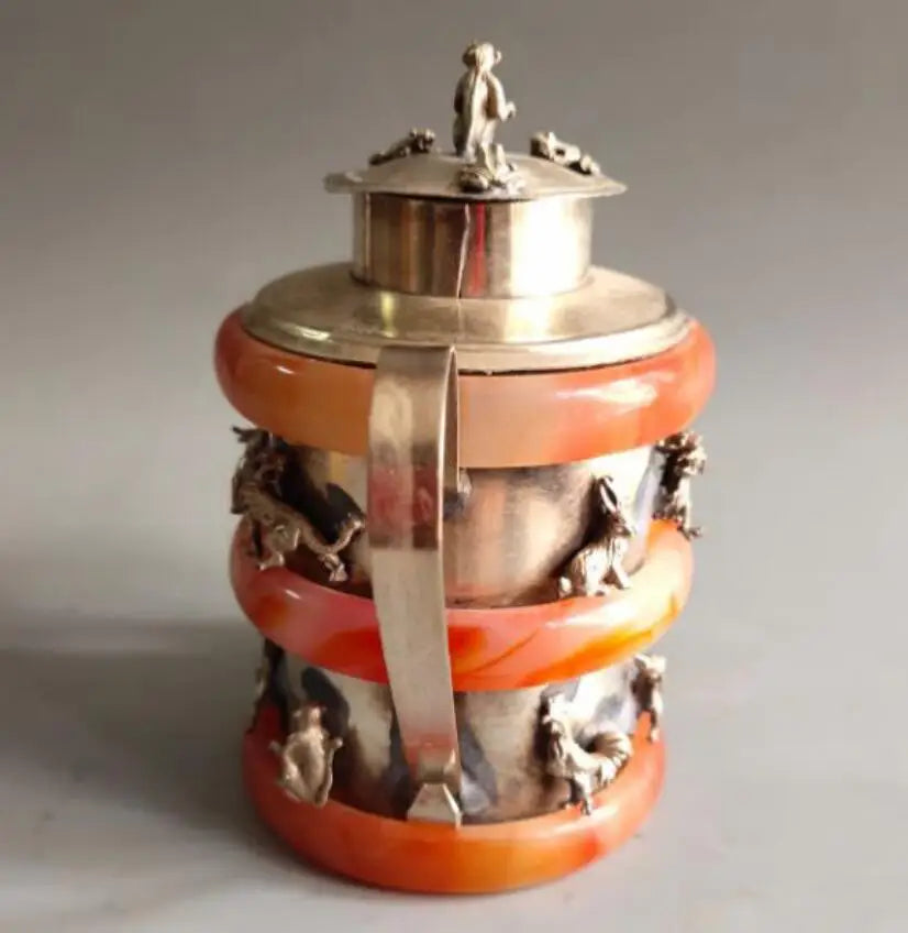 China White copper Mosaic red agate bracelet teapot crafts statue