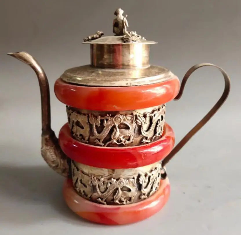China White copper Mosaic red agate bracelet teapot crafts statue