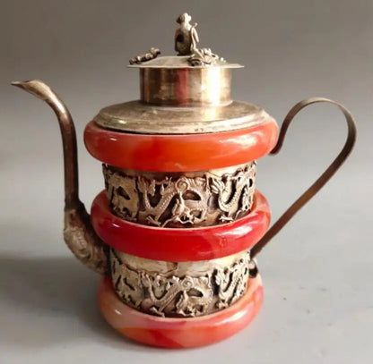 China White copper Mosaic red agate bracelet teapot crafts statue
