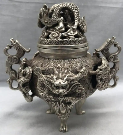 China White copper Nine dragons incense burner crafts statue