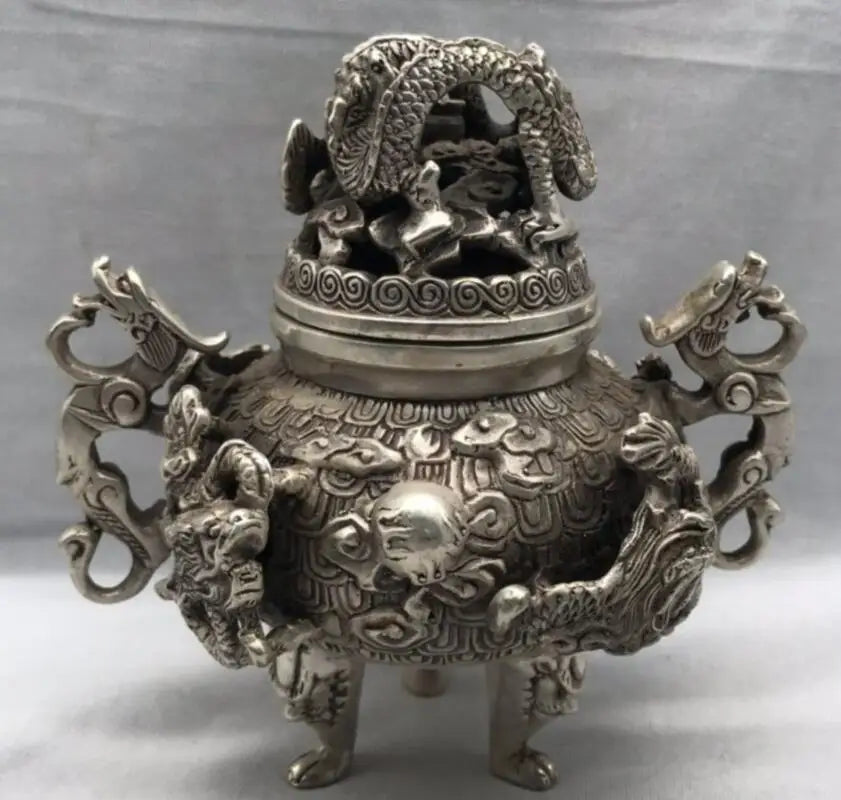 China White copper Nine dragons incense burner crafts statue