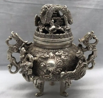 China White copper Nine dragons incense burner crafts statue