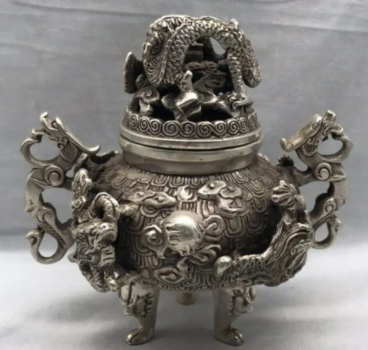 China White copper Nine dragons incense burner crafts statue