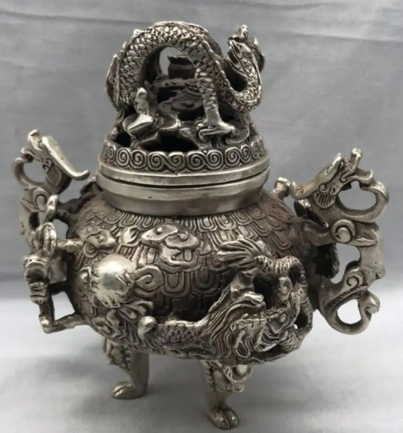 China White copper Nine dragons incense burner crafts statue