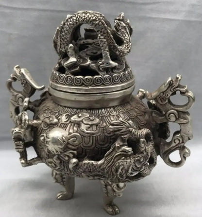 China White copper Nine dragons incense burner crafts statue
