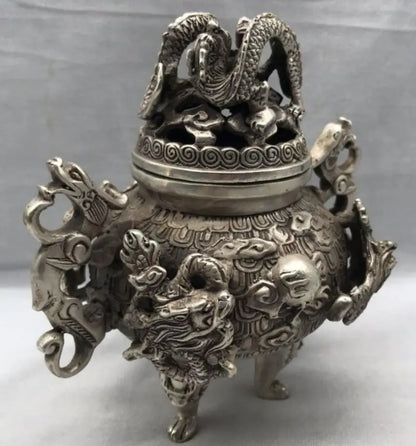 China White copper Nine dragons incense burner crafts statue
