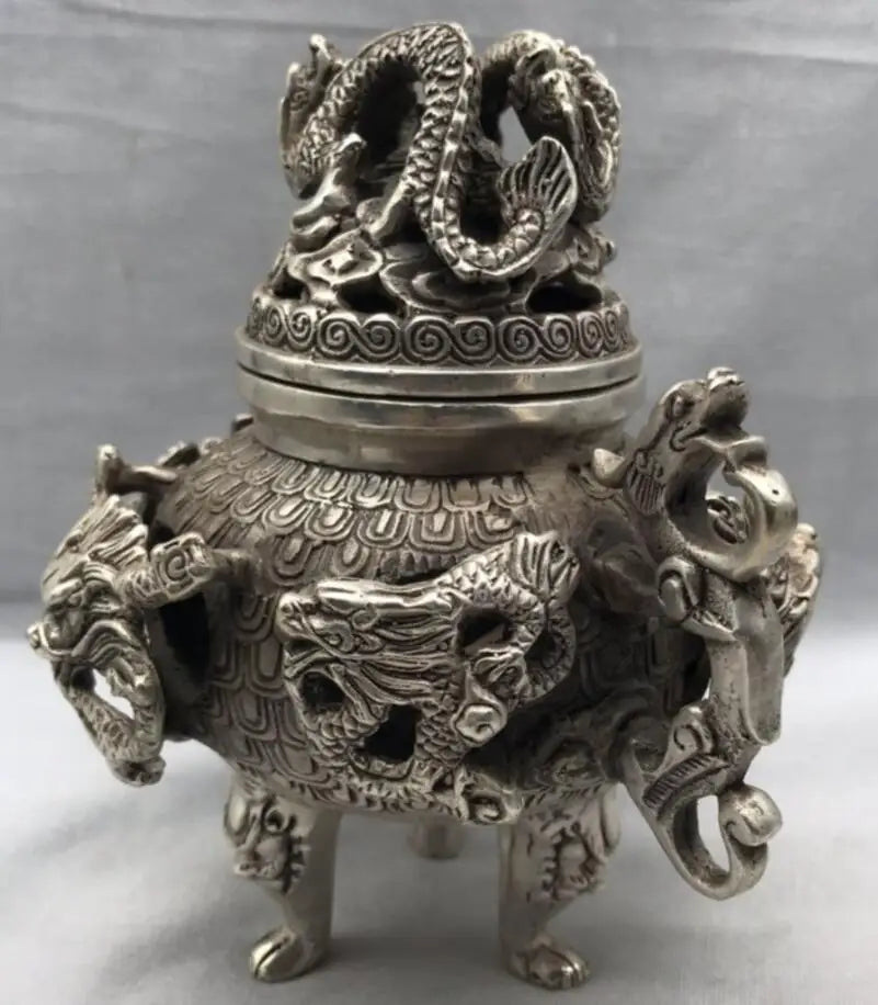 China White copper Nine dragons incense burner crafts statue