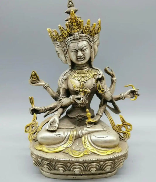 China White copper Three-faced Buddha crafts statue