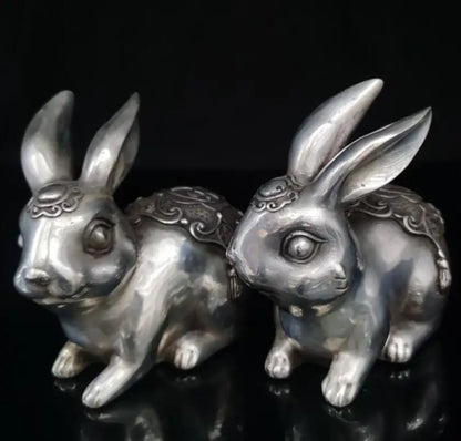 China White copper Wealth rabbit crafts statue A pair