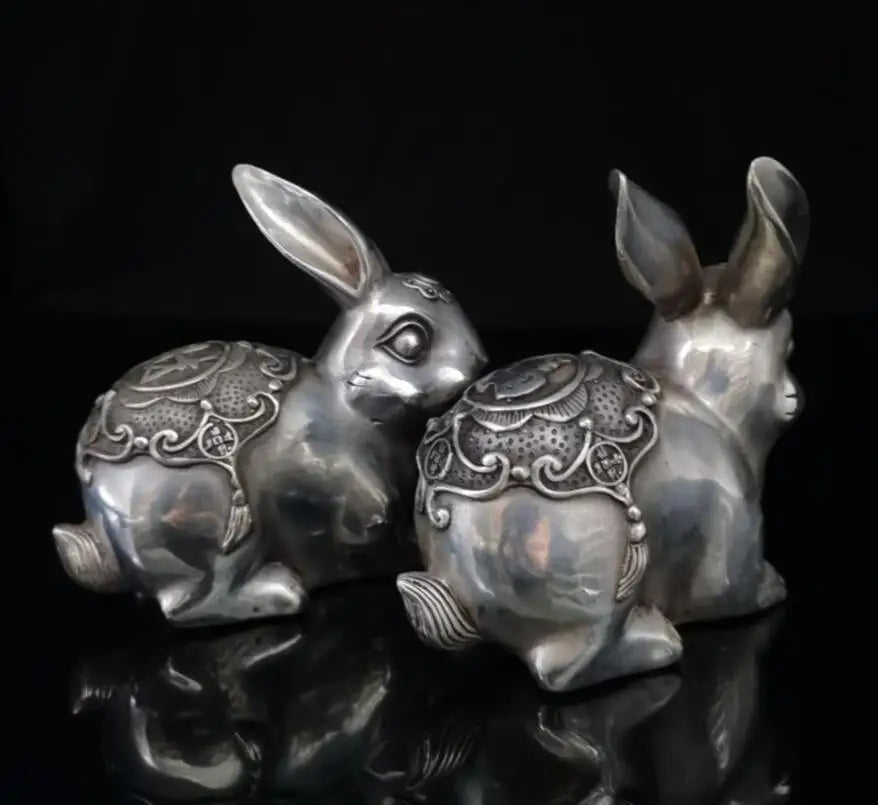 China White copper Wealth rabbit crafts statue A pair