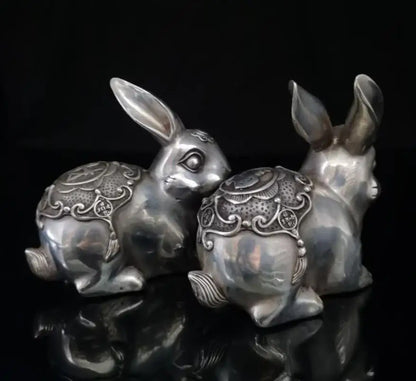 China White copper Wealth rabbit crafts statue A pair