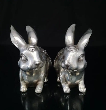 China White copper Wealth rabbit crafts statue A pair