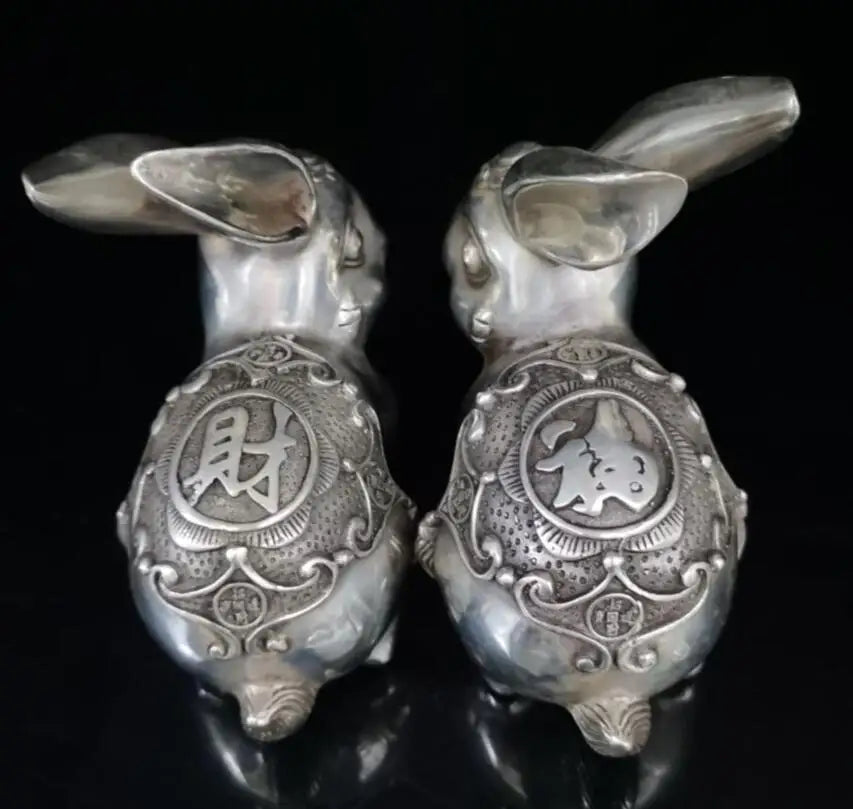 China White copper Wealth rabbit crafts statue A pair