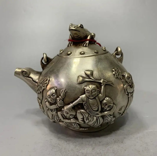China White copper archaize Boy frog teapot crafts statue