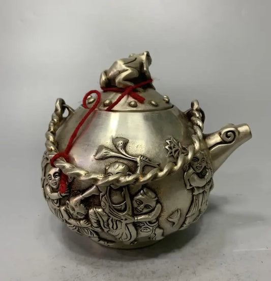 China White copper archaize Boy frog teapot crafts statue