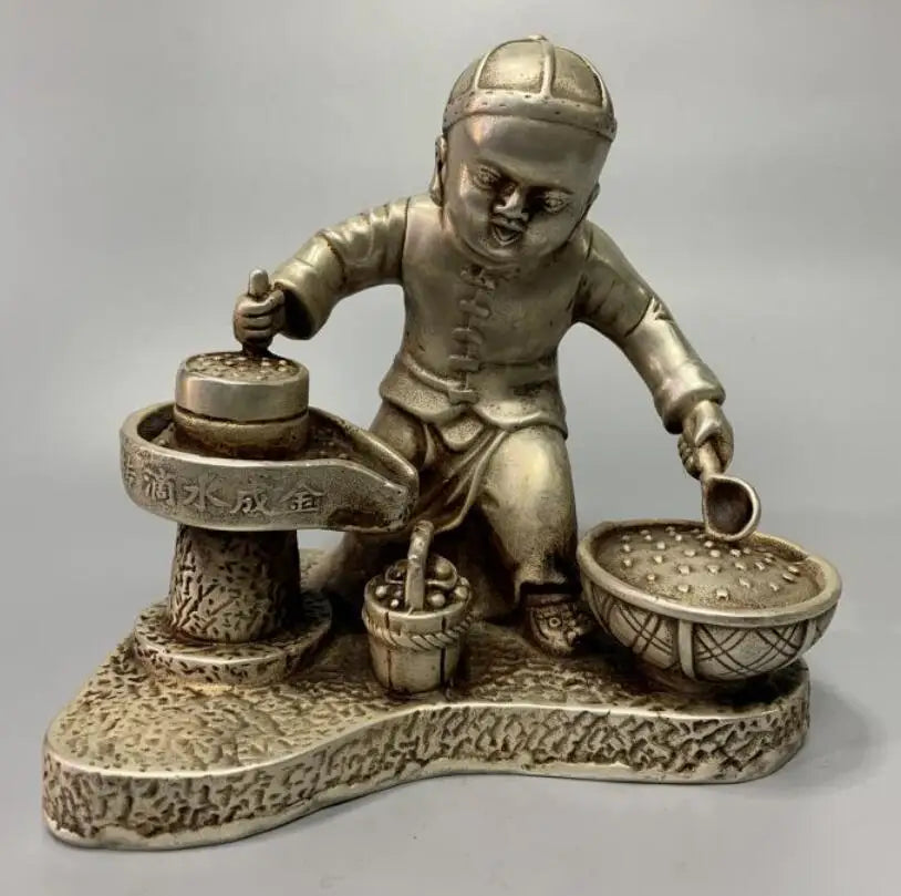 China White copper archaize Boy push Grinding disc crafts statue