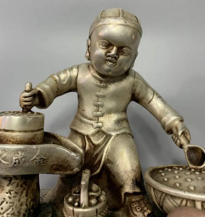 China White copper archaize Boy push Grinding disc crafts statue