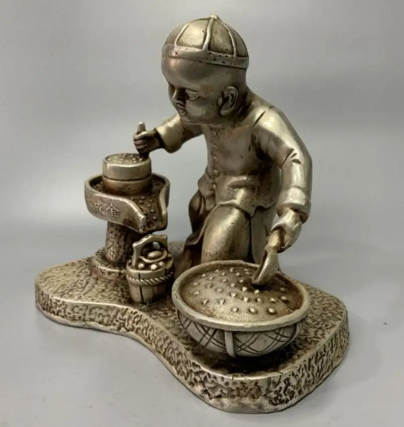 China White copper archaize Boy push Grinding disc crafts statue