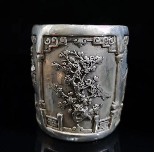 China White copper archaize Plum, Orchid, Bamboo and Chrysanthemum Pen holder crafts statue