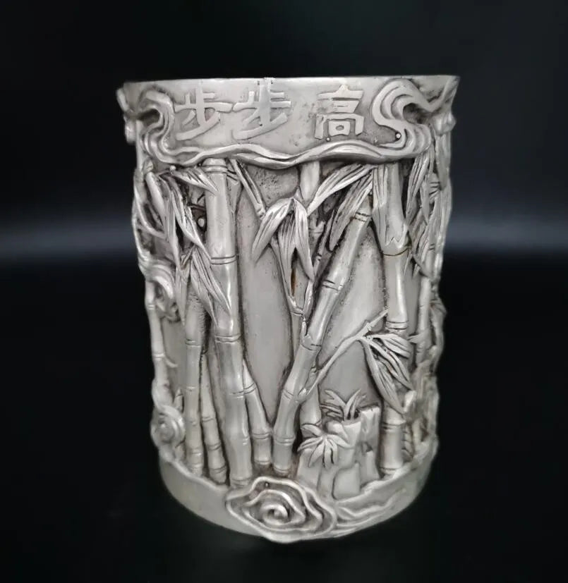 China White copper archaize bamboo Pen holder crafts statue