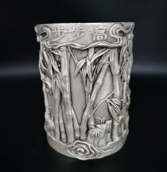 China White copper archaize bamboo Pen holder crafts statue