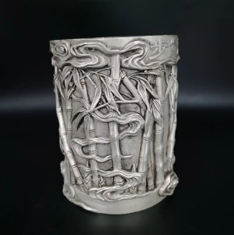 China White copper archaize bamboo Pen holder crafts statue